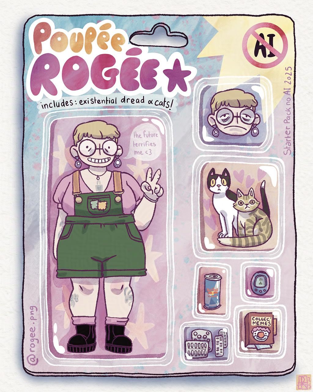 an illustration showing a Rogée doll in its packaging with various accessories such as two cats, a can of redbull, a tamagotchi, various medication, a book for collecting memes and a replaceable head with a depressed expression